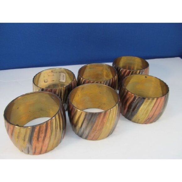 Vintage Brass Copper Silver Ribbed Napkin Ring Holders Set of 6 - Picture 5 of 13